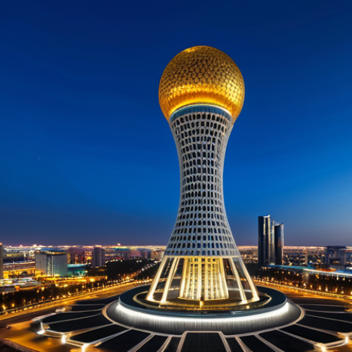 A professional wide-angle photograph capturing the iconic Baiterek Tower in Nur-Sultan, Kazakhstan, illuminated at night. The tower's futuristic, elegant structure ascends towards the sky, topped by its glowing golden sphere, symbolizing national dreams and aspirations. The surrounding modern city skyline of Nur-Sultan is vibrant with twinkling lights, set against a deep blue evening sky. The architectural elements are perfectly formed and proportioned, showcasing innovative design and symbolic depth. This high-resolution image features crisp detail and vivid lighting, creating a majestic and inspiring atmosphere. Safe for work, appropriate content, professional, family-friendly.