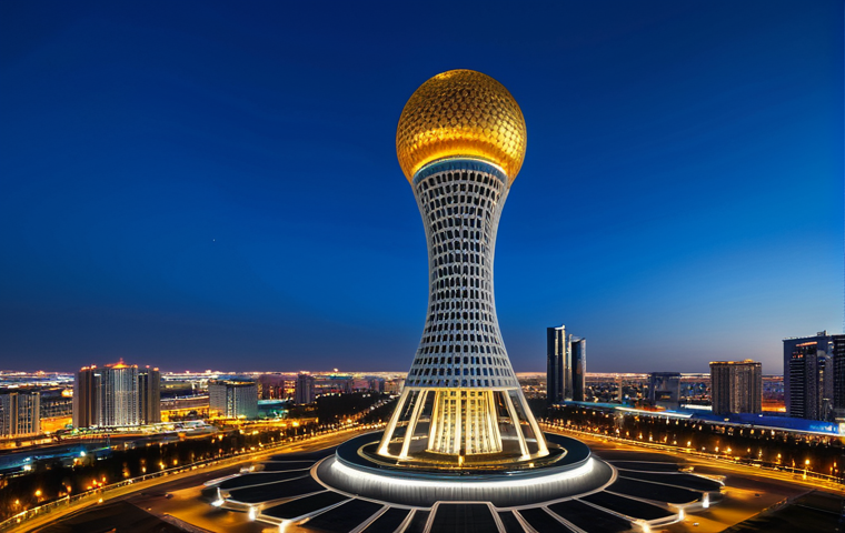 A professional wide-angle photograph capturing the iconic Baiterek Tower in Nur-Sultan, Kazakhstan, illuminated at night. The tower's futuristic, elegant structure ascends towards the sky, topped by its glowing golden sphere, symbolizing national dreams and aspirations. The surrounding modern city skyline of Nur-Sultan is vibrant with twinkling lights, set against a deep blue evening sky. The architectural elements are perfectly formed and proportioned, showcasing innovative design and symbolic depth. This high-resolution image features crisp detail and vivid lighting, creating a majestic and inspiring atmosphere. Safe for work, appropriate content, professional, family-friendly.