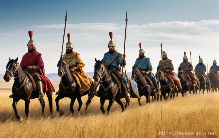 알티나르다 왕국과 카자흐스탄의 역사 - **Prompt:** "A panoramic view of the vast Eurasian steppe in the 13th century, with a group of proud...