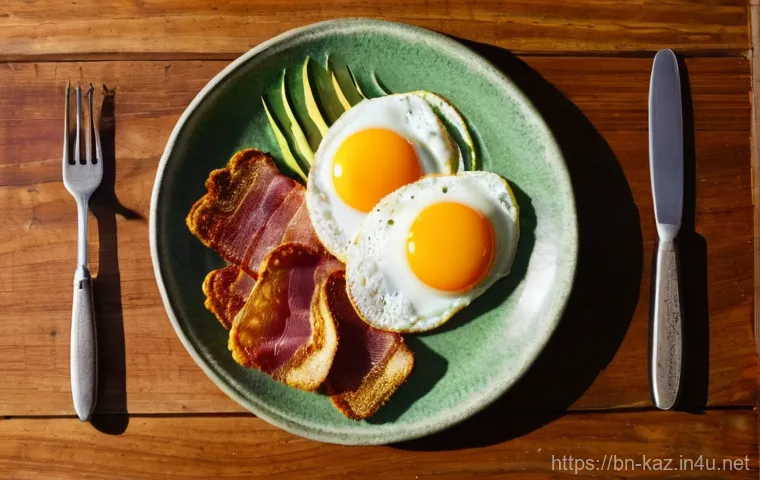 베이컨 같은 맛의 말고기 요리 - **Prompt:** A close-up, high-angle shot of a delectable breakfast plate featuring perfectly cooked, ...