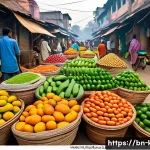 현지 시장에서 쇼핑하기 - A vibrant local Bengali market scene during early morning, featuring fresh seasonal fruits like juic...
