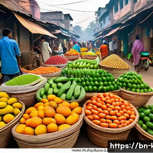 현지 시장에서 쇼핑하기 - A vibrant local Bengali market scene during early morning, featuring fresh seasonal fruits like juic...