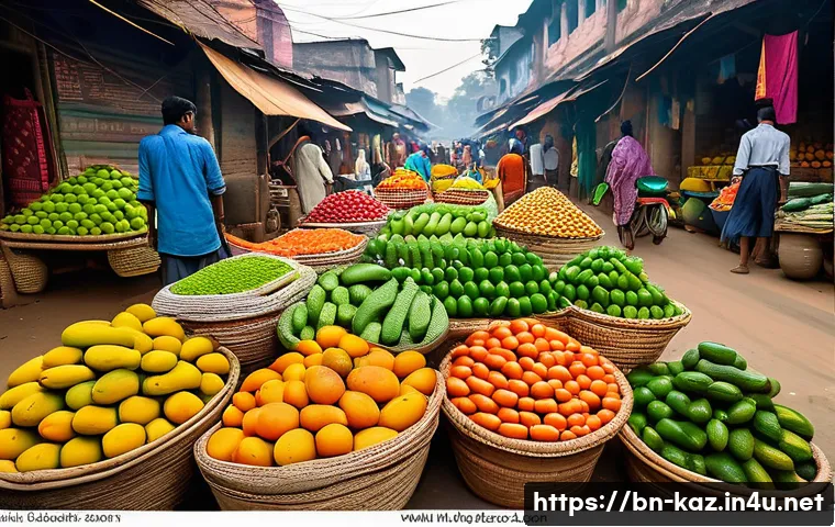 현지 시장에서 쇼핑하기 - A vibrant local Bengali market scene during early morning, featuring fresh seasonal fruits like juic...