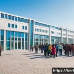 카자흐스탄의 이민 정책과 제약 - A detailed urban scene in Kazakhstan showing a diverse group of immigrants registering their residen...