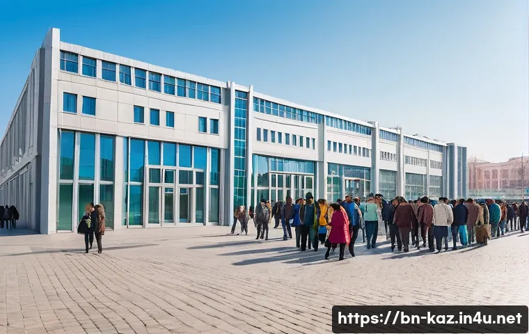 카자흐스탄의 이민 정책과 제약 - A detailed urban scene in Kazakhstan showing a diverse group of immigrants registering their residen...