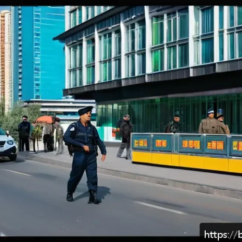 카자흐스탄 내 치안과 여행 주의점 - A detailed urban street scene in Almaty, Kazakhstan, showcasing modern city life with vigilant polic...