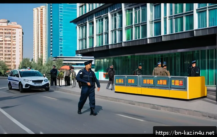 카자흐스탄 내 치안과 여행 주의점 - A detailed urban street scene in Almaty, Kazakhstan, showcasing modern city life with vigilant polic...
