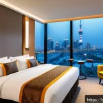 누르술탄에서의 추천 숙소 - A modern, sleek hotel room interior in Nur-Sultan featuring a large comfortable bed with crisp white...