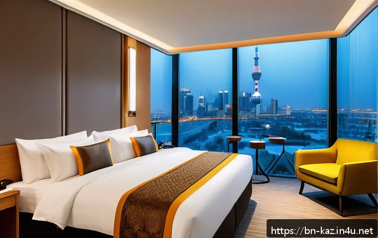 누르술탄에서의 추천 숙소 - A modern, sleek hotel room interior in Nur-Sultan featuring a large comfortable bed with crisp white...