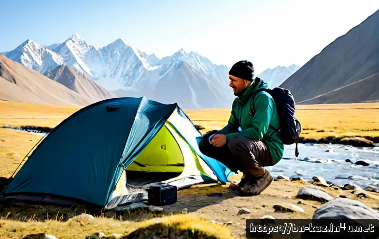 카자흐스탄 서바이벌 여행 팁 - Photorealistic Kazakhstan wilderness survival scene, a well-prepared adult traveler in layered cold-...
