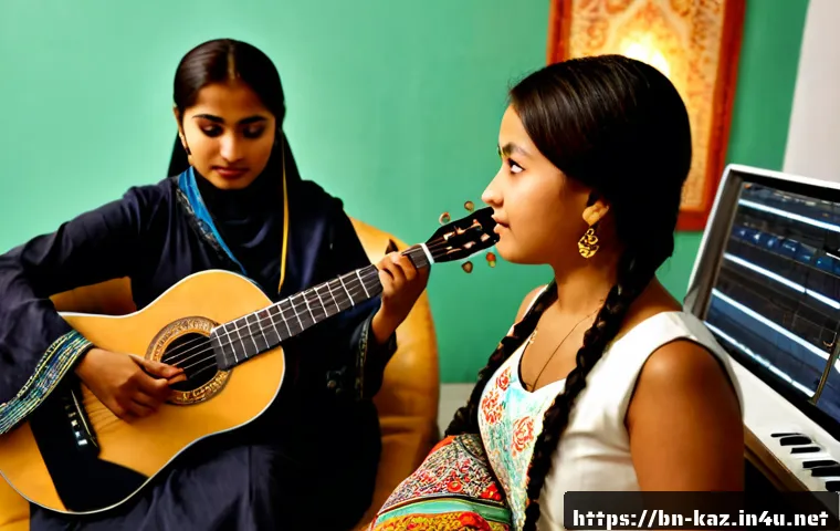 카자흐스탄의 음악적 혁명 - Photorealistic documentary-style scene of a young Kazakh woman playing a traditional dombra beside a...